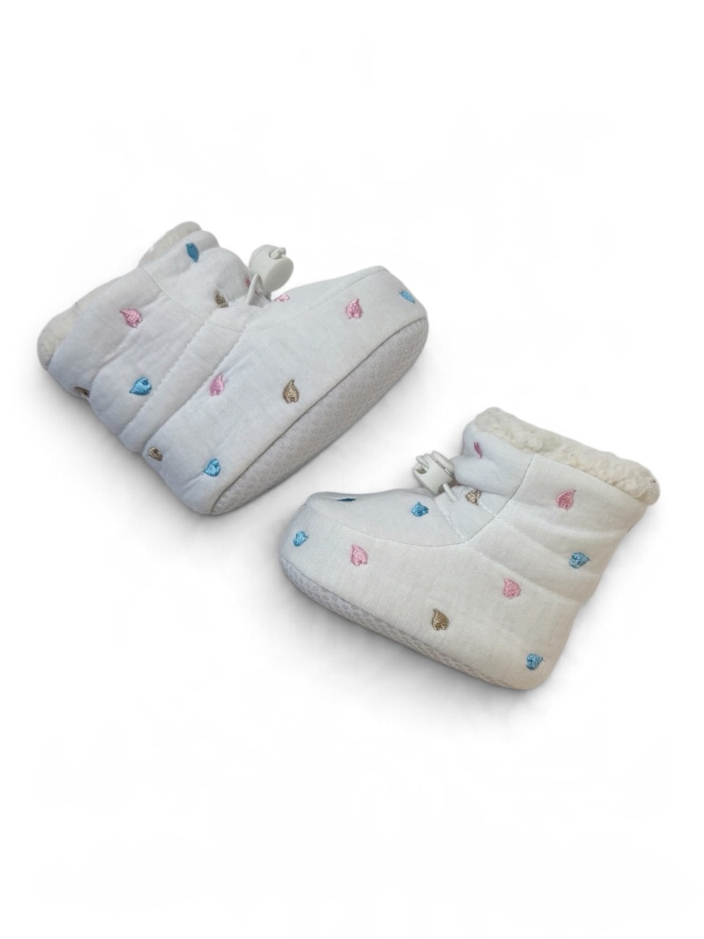 White Quilted Puffer Pastel Embroidered Heart Sherpa Toggle Snow Booties 6-12M 3